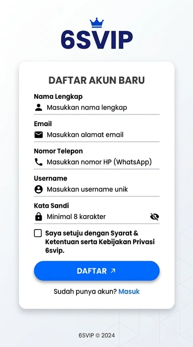Tampilan halaman daftar 6svip